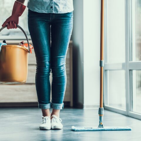 Lower half of a woman with a bucket and sweeper about to clean her home.