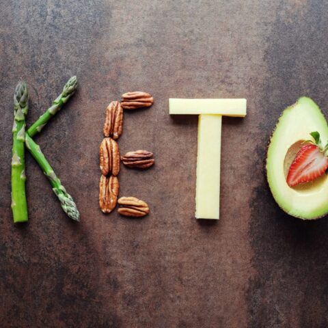 Foods arranged on a table to spell keto.