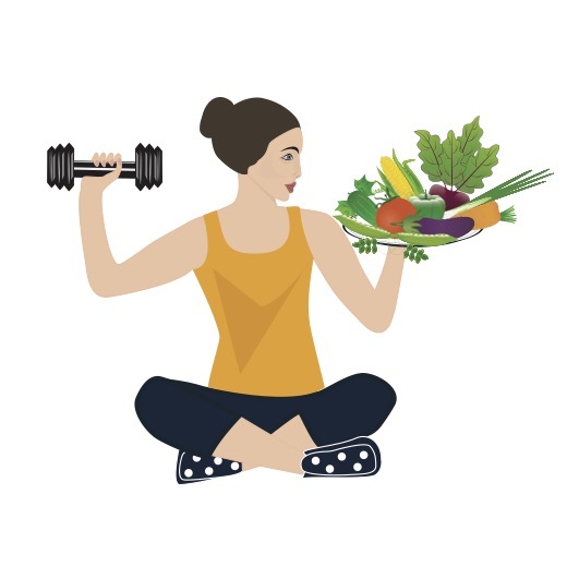 A drawing of a woman sitting Indian style holding a dumbbell in one hand and a tray of fruits and vegetables in the other.