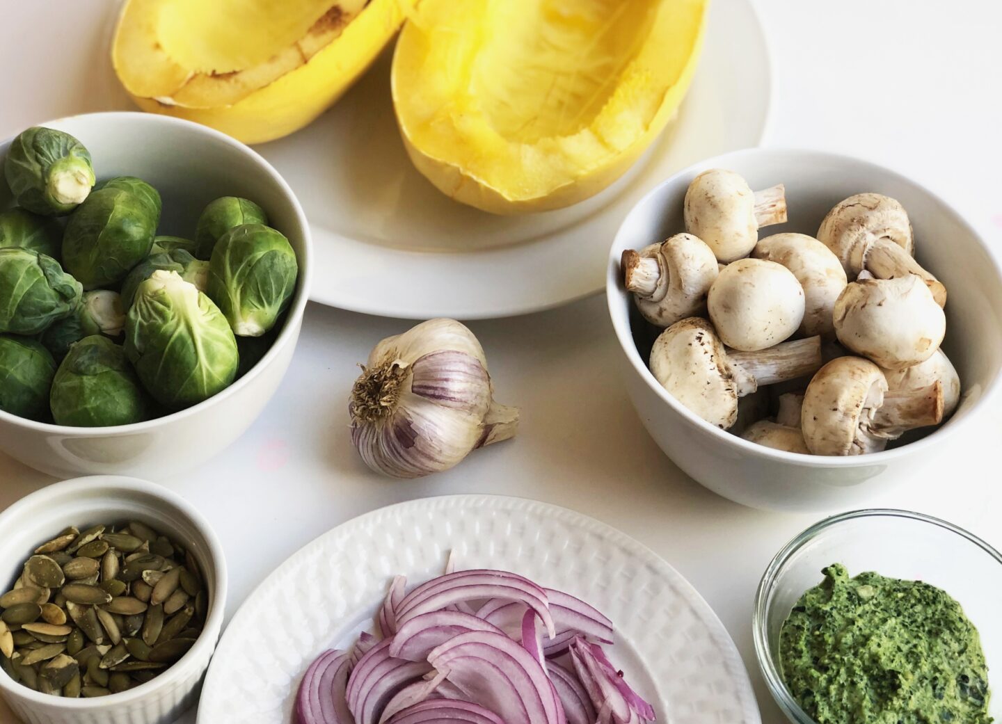 Ingredients to make Spaghetti Squash Bowl with Chicken & Fall Veggies.