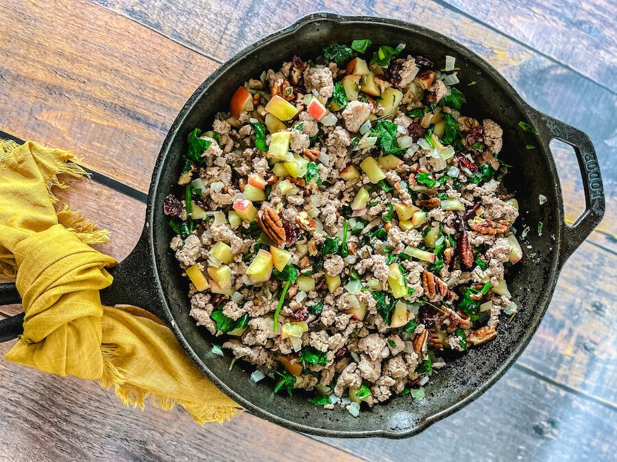 Butternut squash stuffing in a skillet