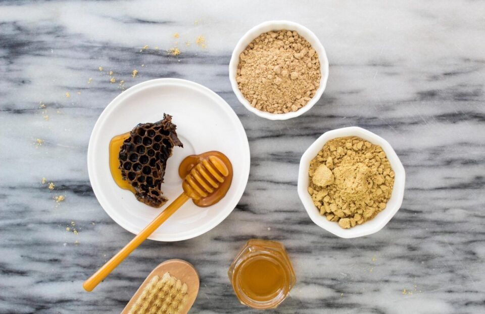 Small bowls of natural sweeteners and sugars.