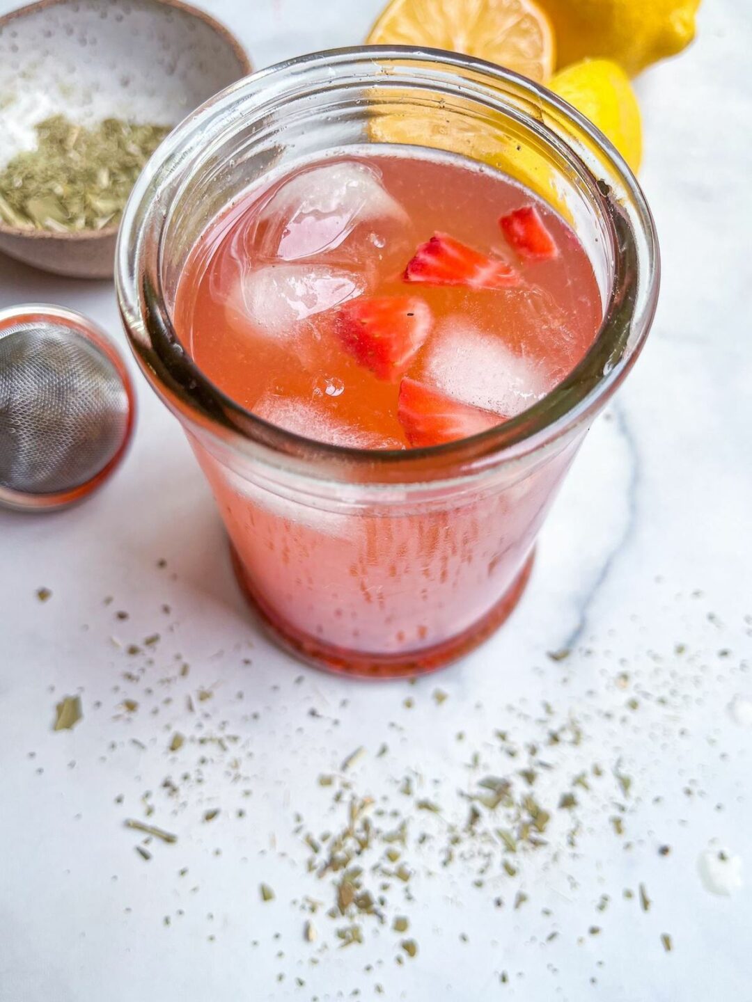Lemon-strawberry yerba mate in a glass