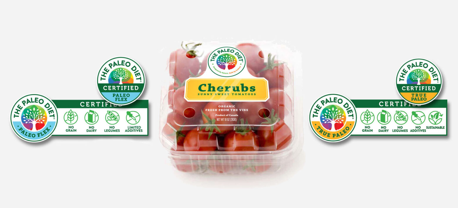 A carton of tomatoes showing a full-branded product concept by The Paleo Diet