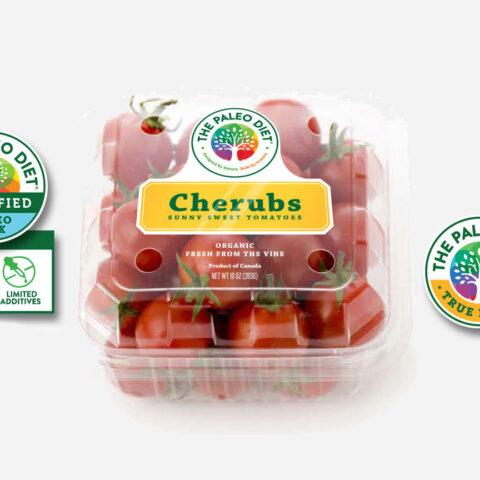 A carton of tomatoes showing a full-branded product concept by The Paleo Diet