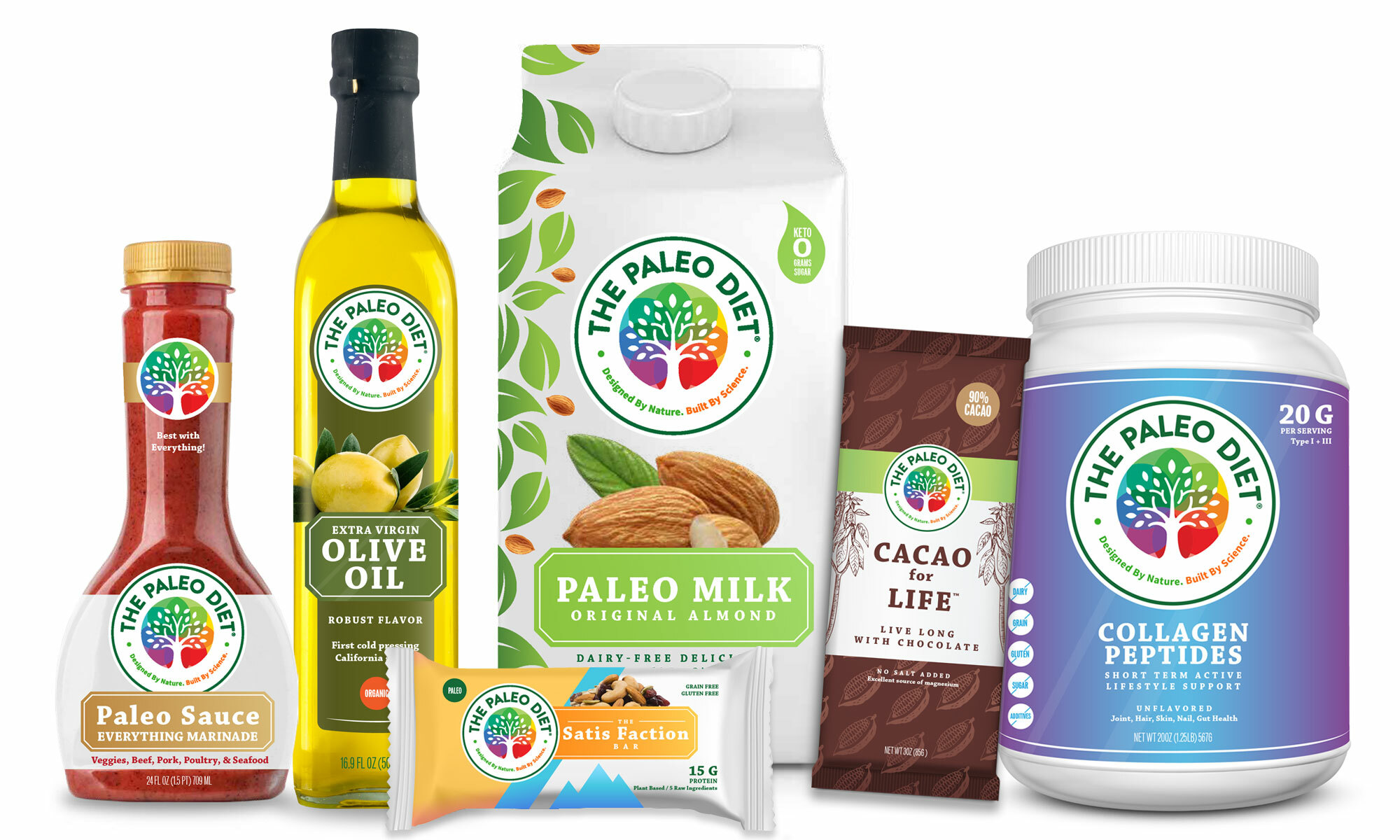 A group of product mockup concepts full-branded by The Paleo Diet