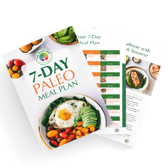 A preview of the 7-Day Paleo Meal Plan showing a colorful cover and interior pages