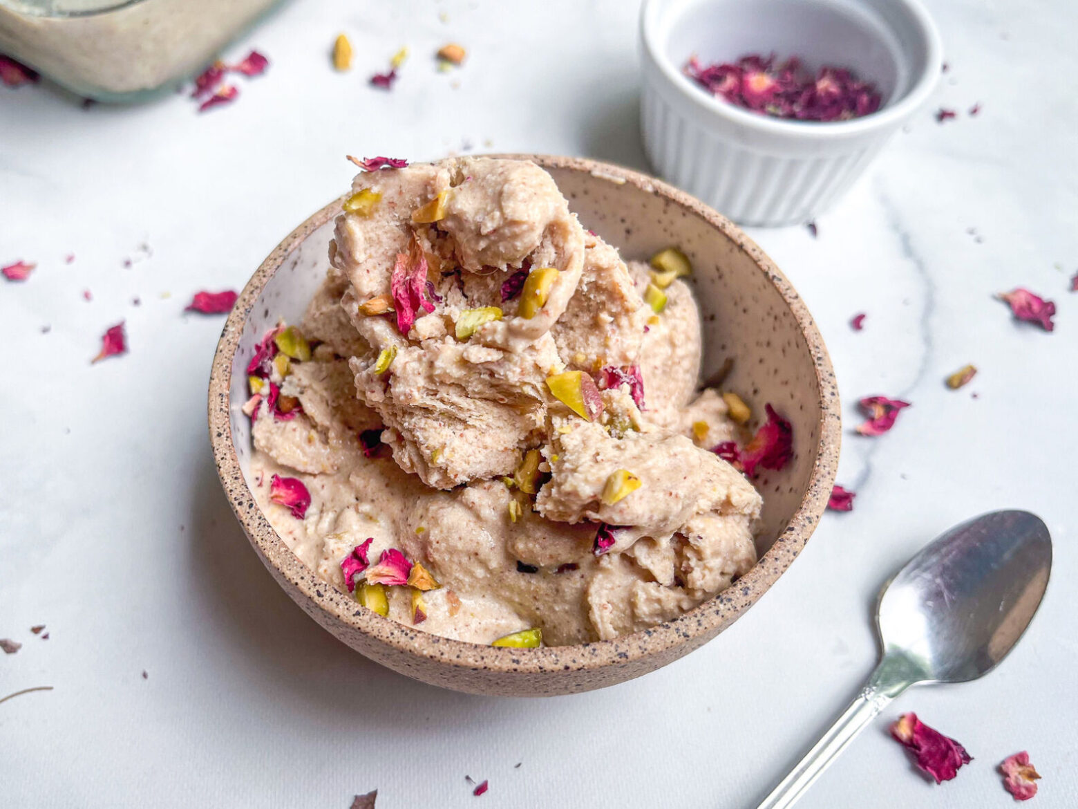 pistacho rosewater ice cream in a bowl