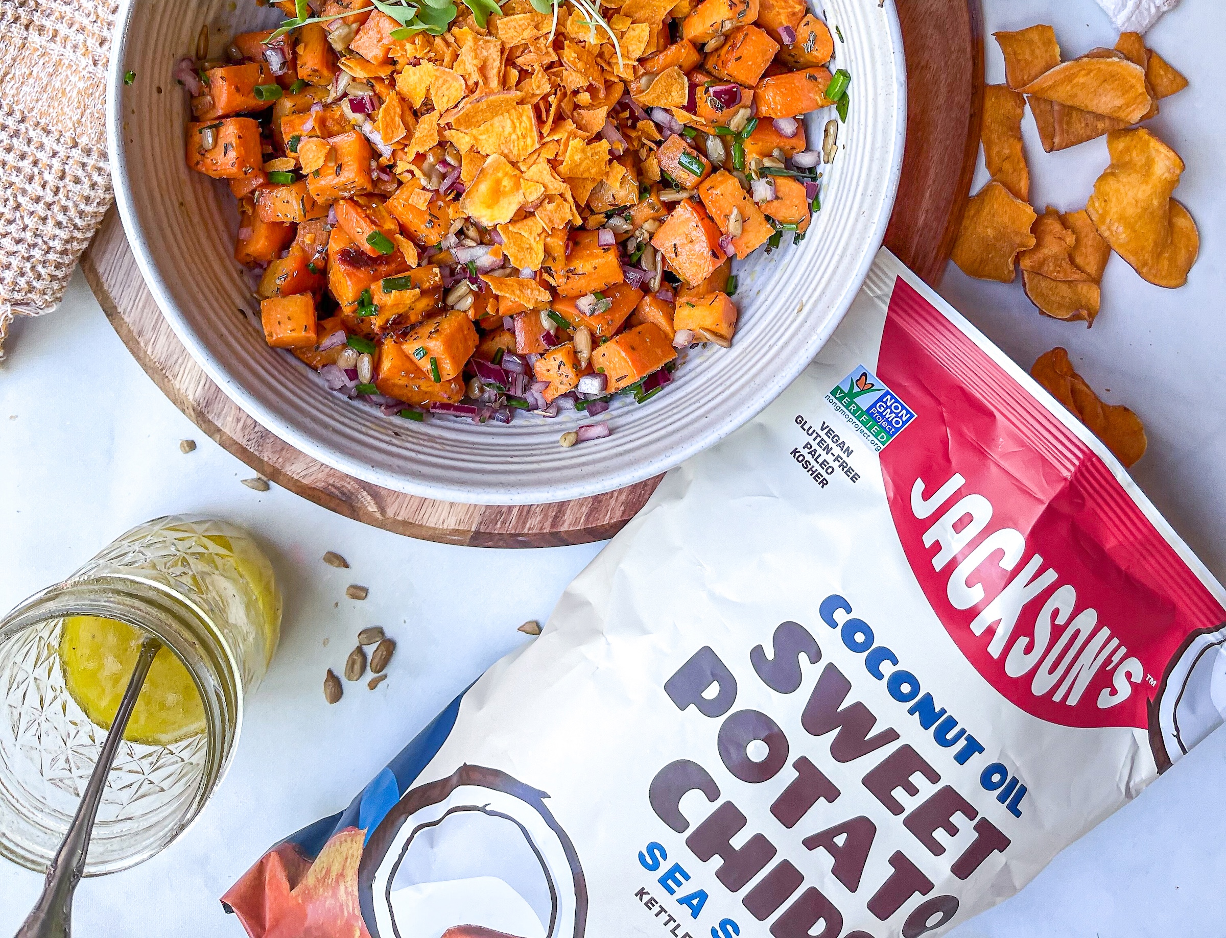 Sweet potato salad with Jackson's Chip bag in the frame. 