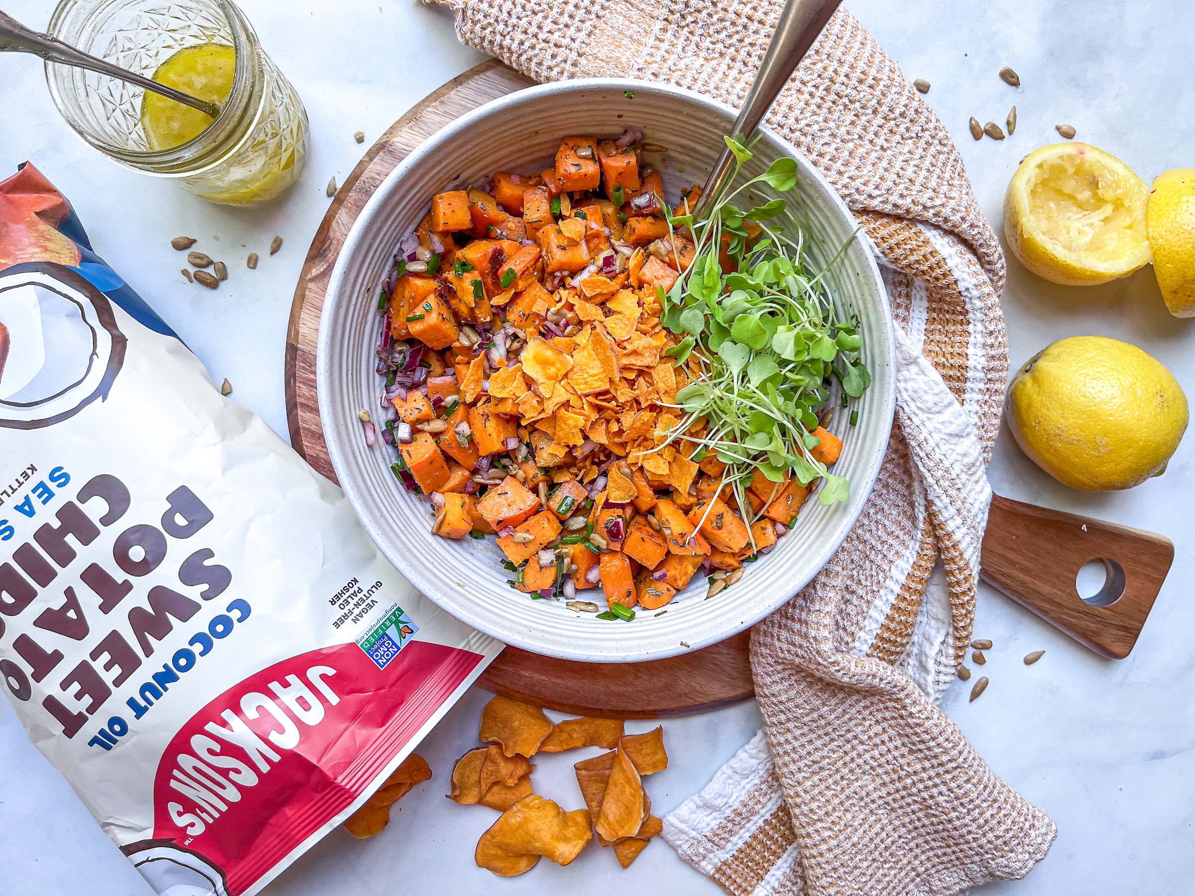 Sweet potato salad with crushed up Jackson's Chips.