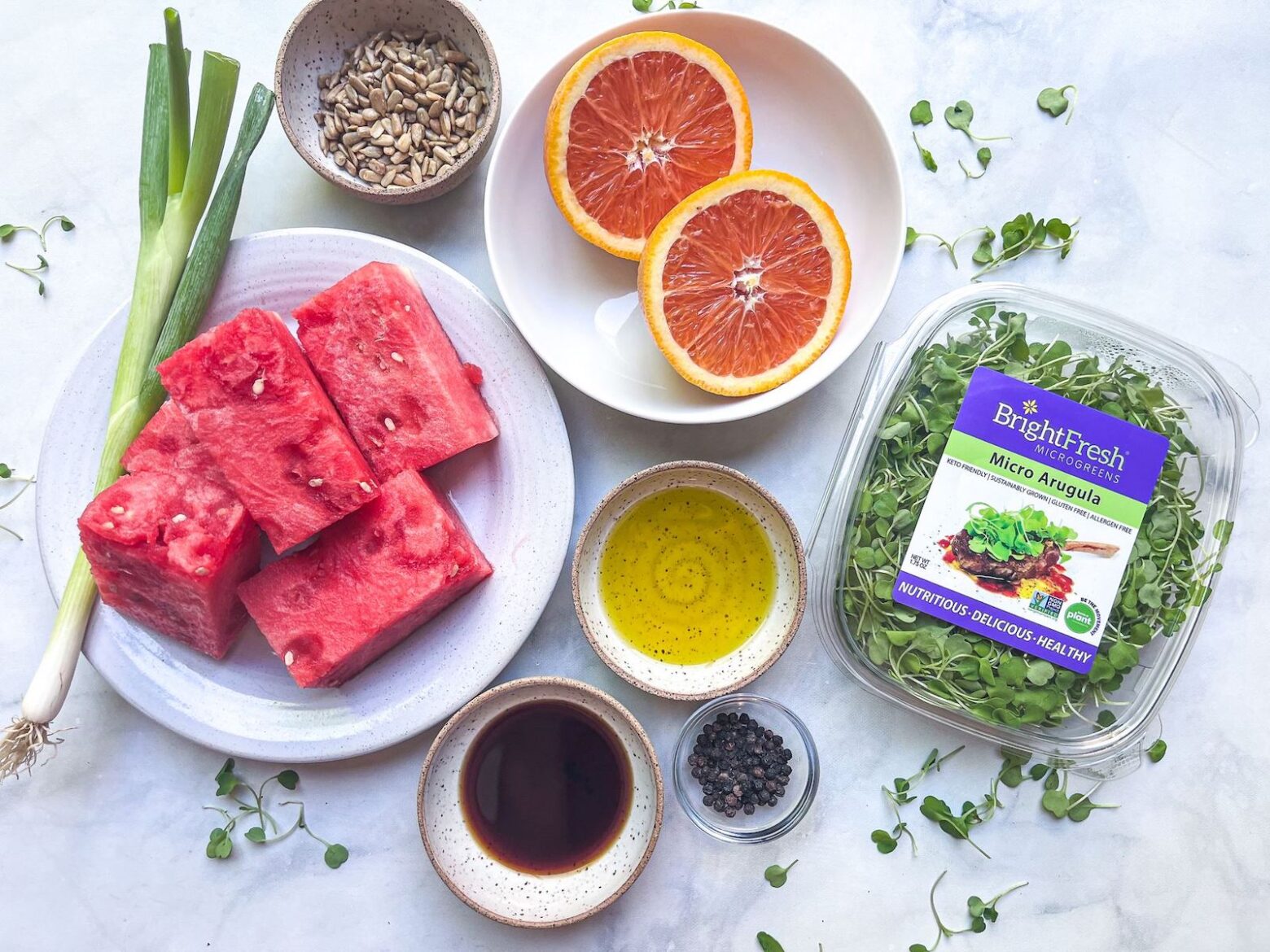 watermelon salad with BrightFresh microgreens ingredients