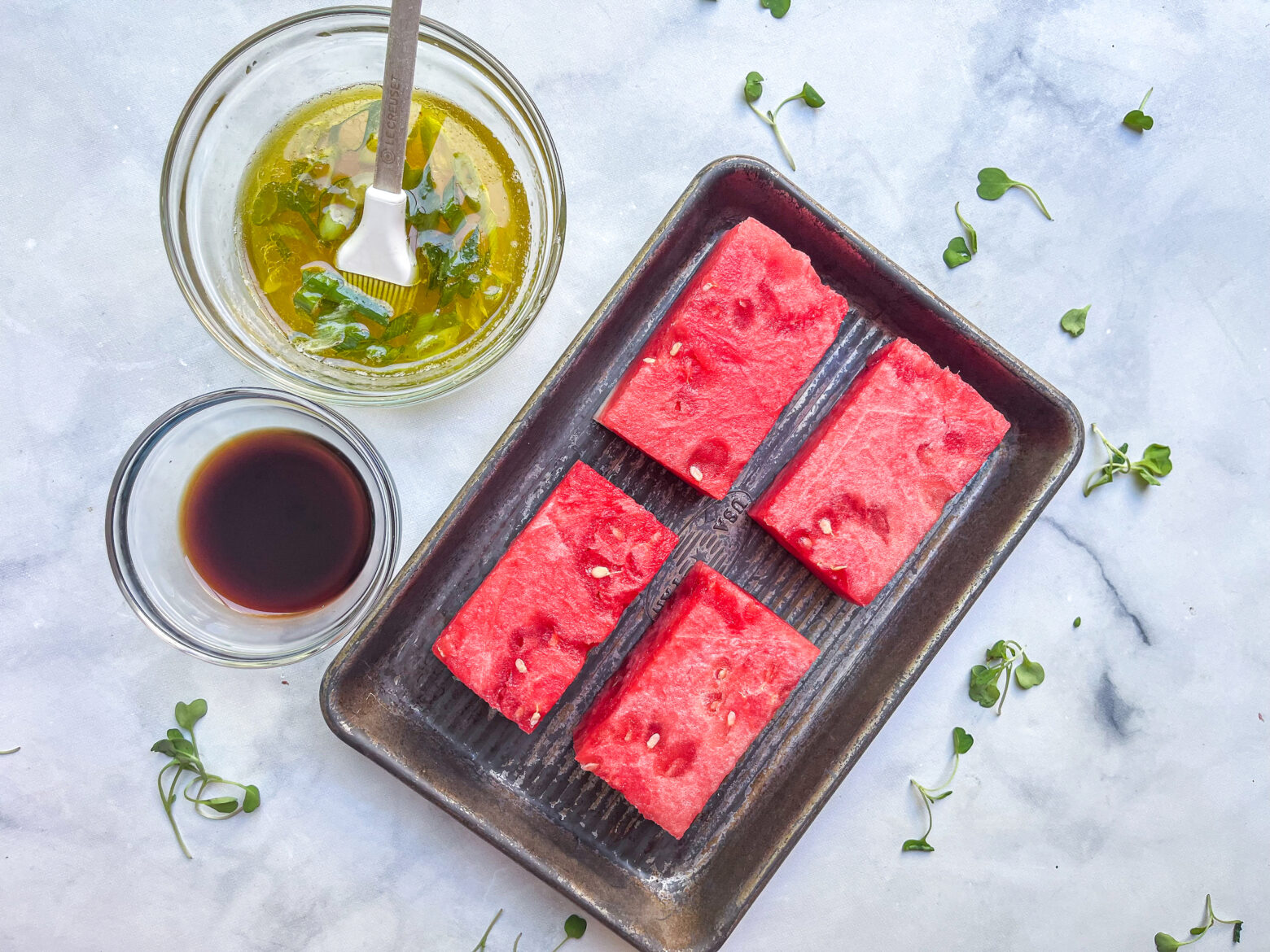 Watermelon Salad with Microgreens cubed watermelon