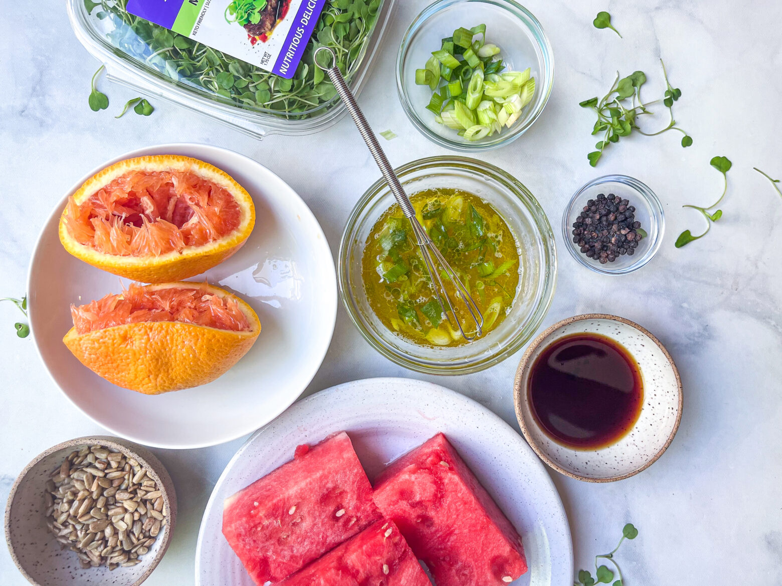 Watermelon Salad with Microgreens prepped ingredients