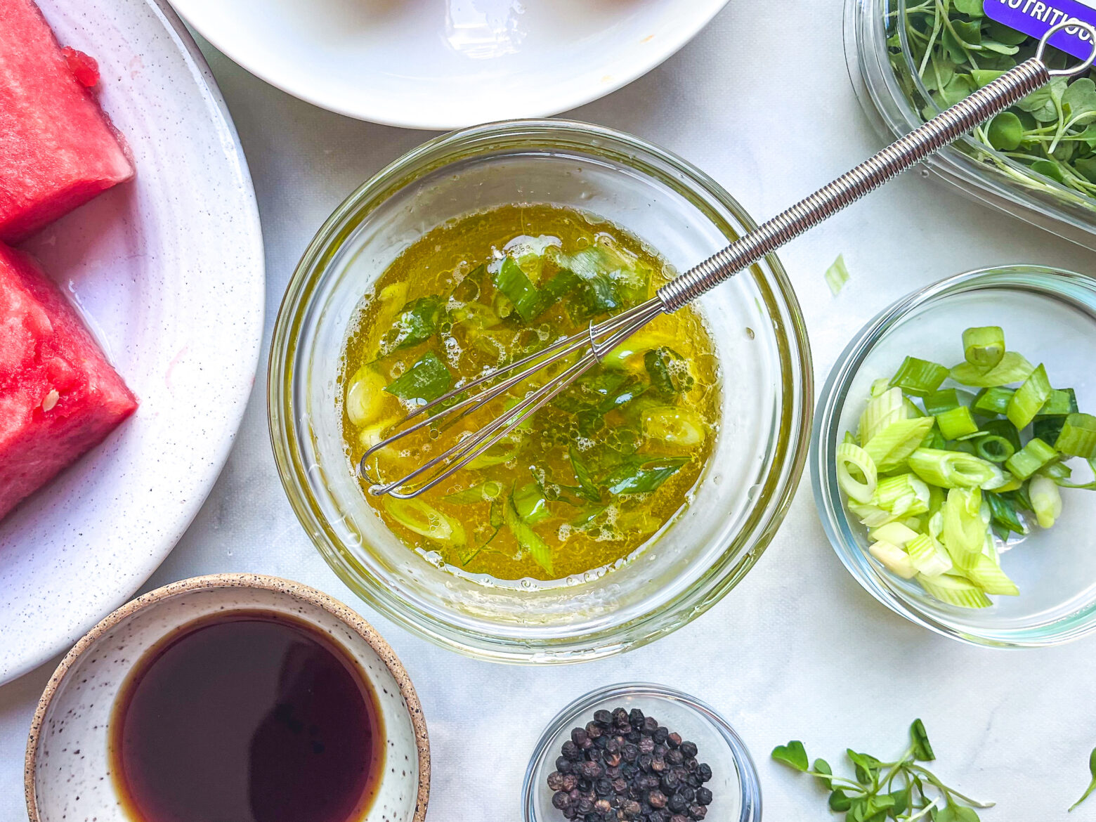 Watermelon Salad with Microgreens sauce