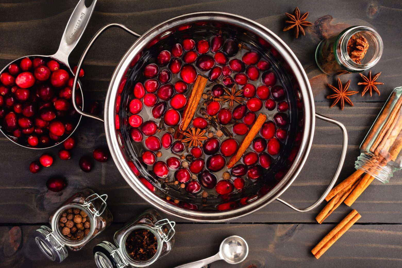 A pot of cranberries with cinnamon sticks sits on a counter surrounding by winter seasonal spices.