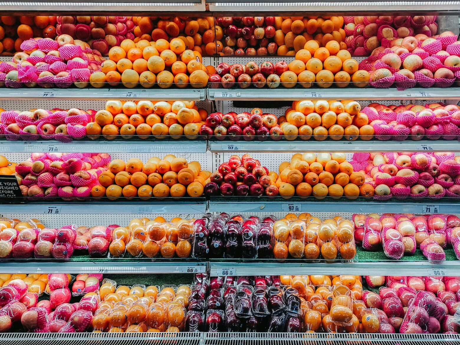 fruits at a grocery store on the shelves
