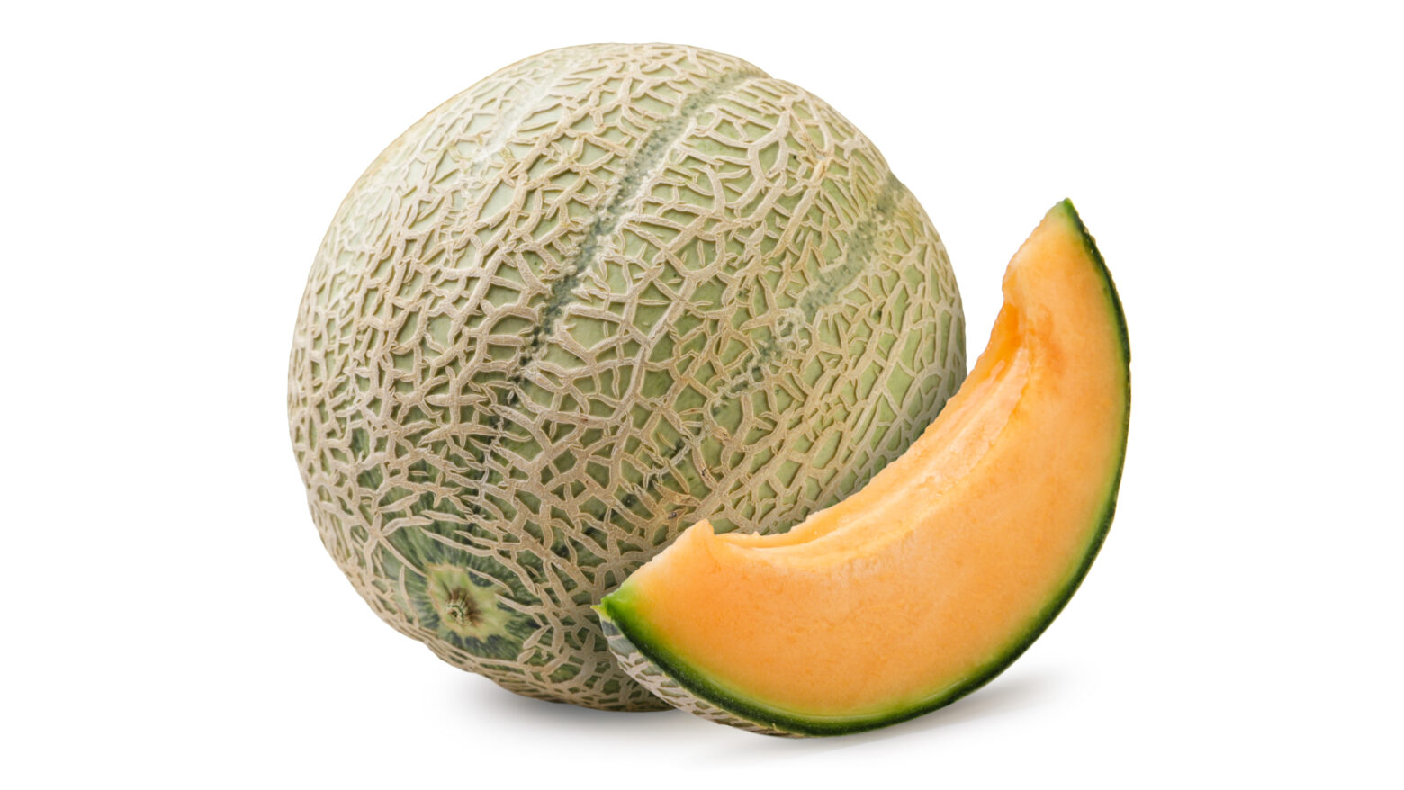 Whole cantaloupe with a cantaloupe wedge