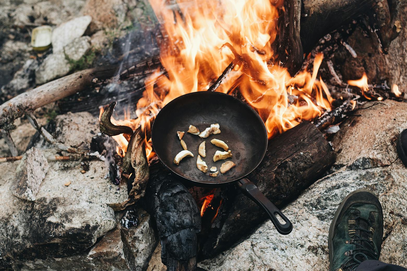 Frying Pan on Bonfire, used for easy camping meals.