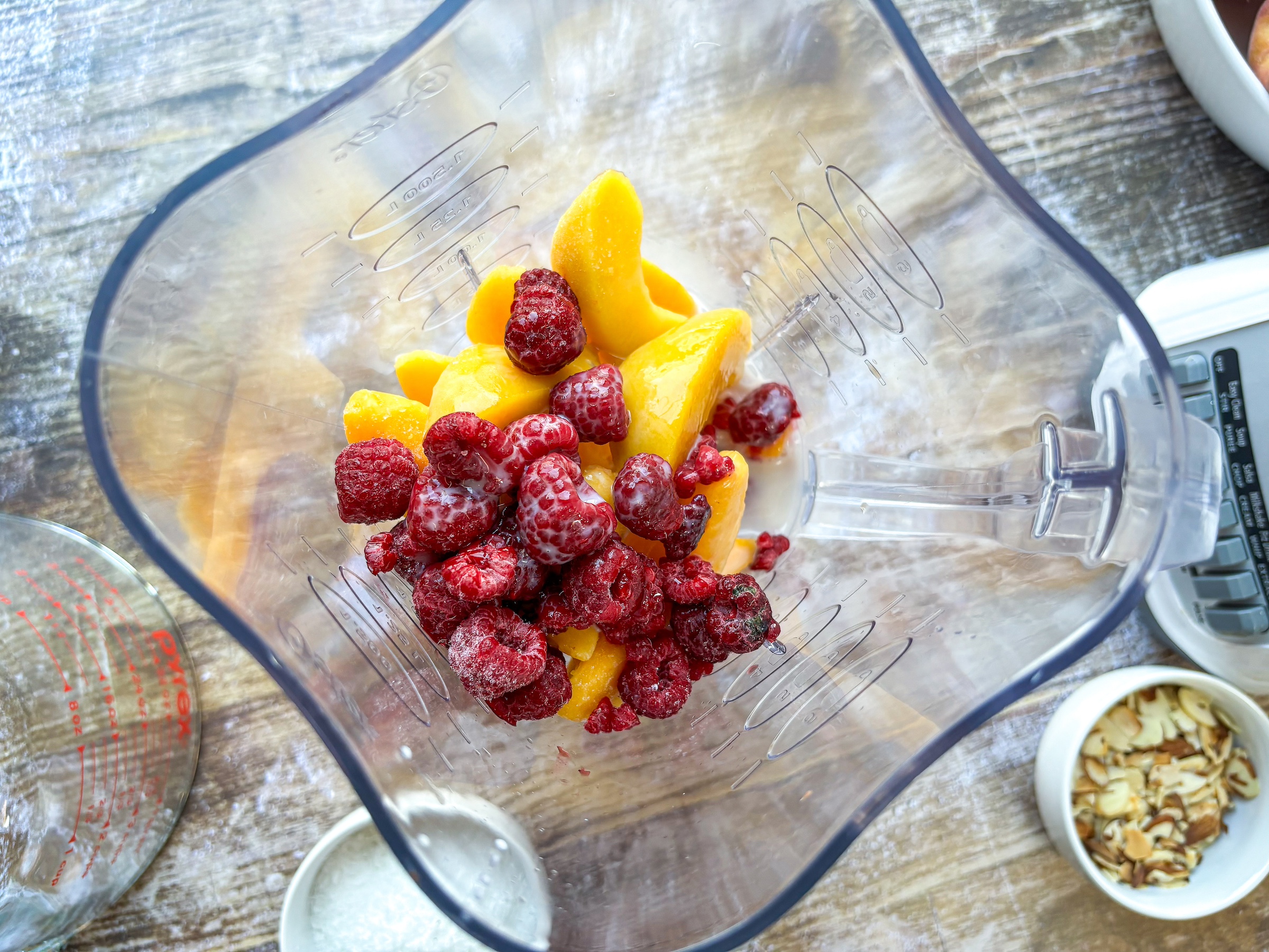 Ingredients for peach sherbet in a blender