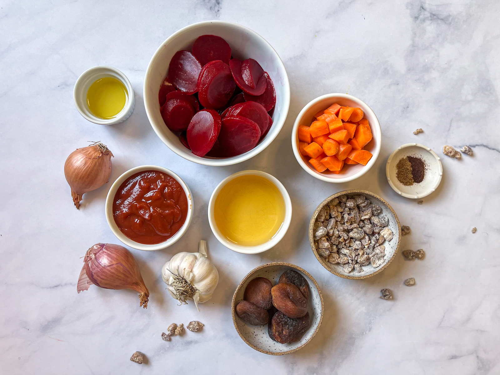 Birds eye view of all the ingredients for the beet sauce recipe