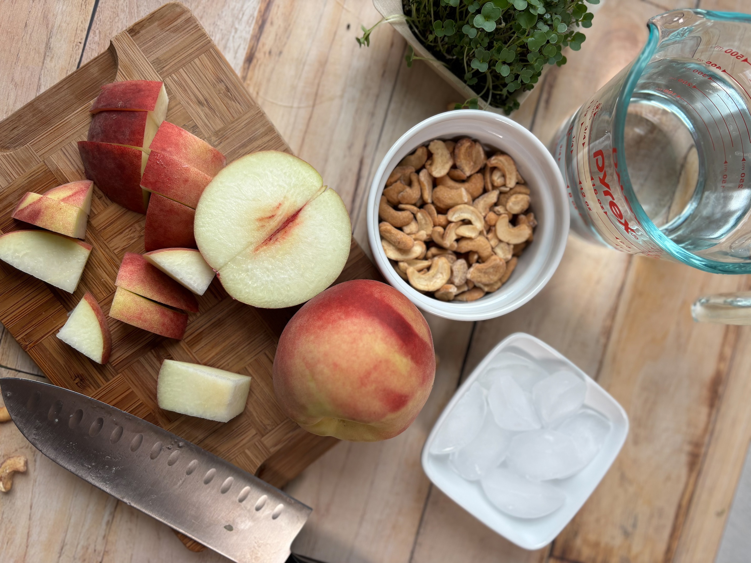 peach kale microgreen smoothie ingredients prepped