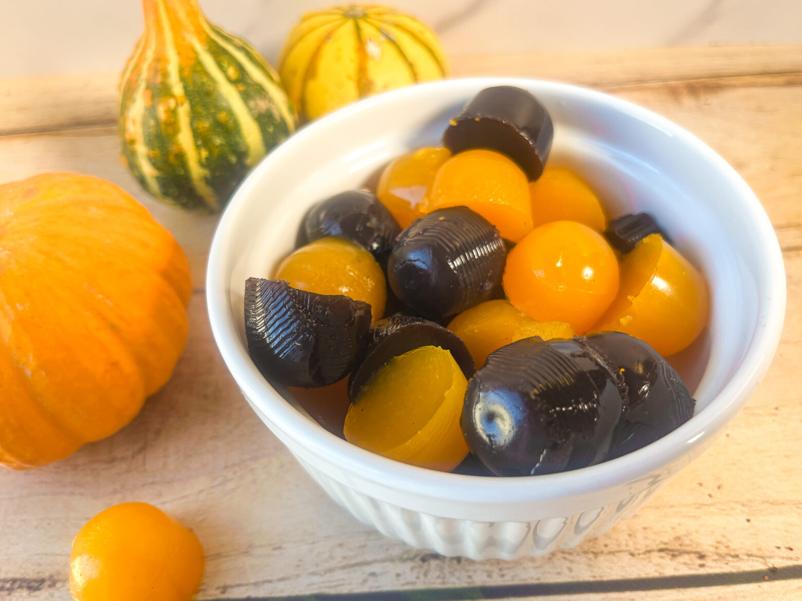 Halloween gummies in a bowl.