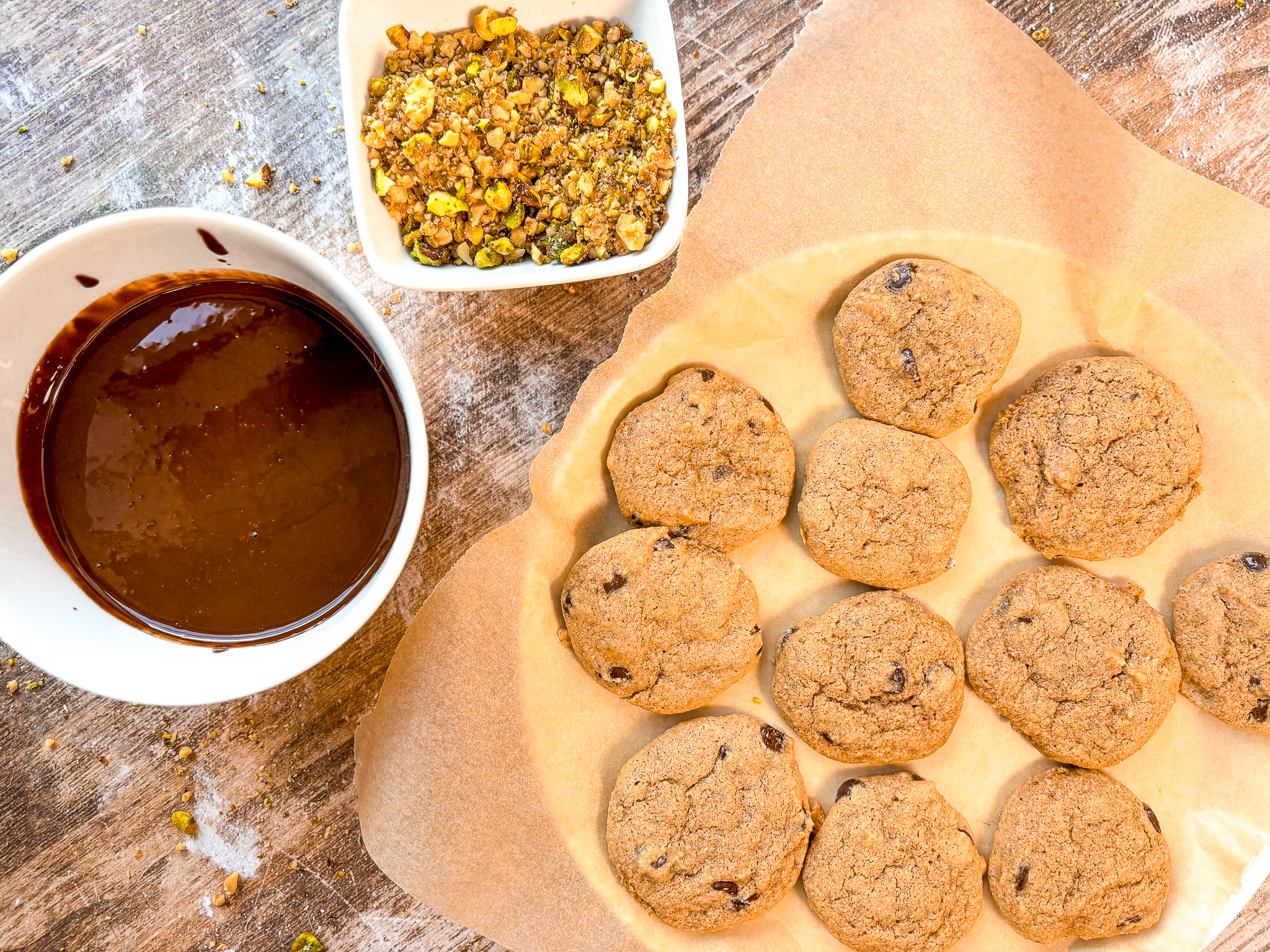 Nutty cookies pre-dip in the cacao mix.