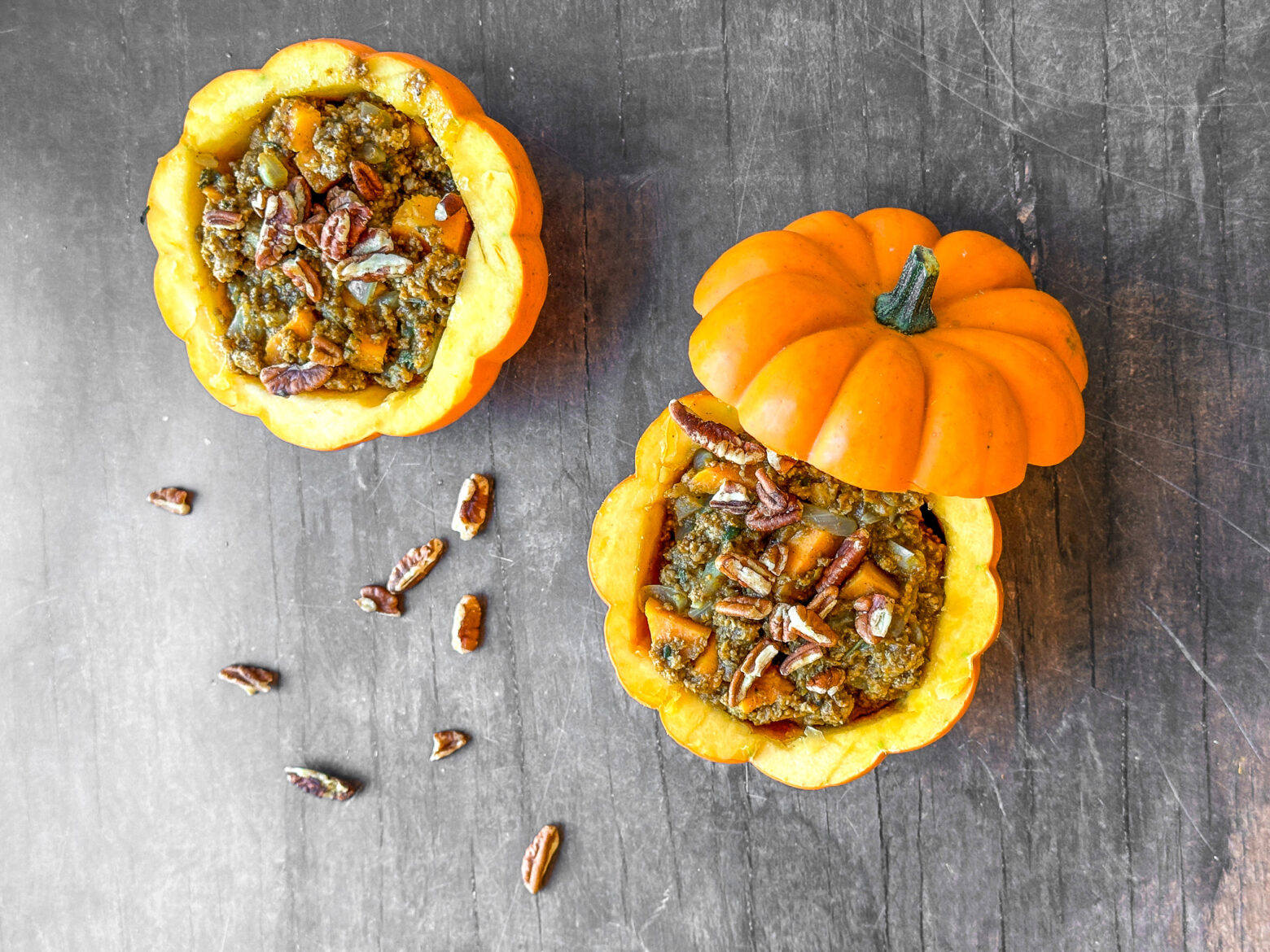 Inside of the pumpkin power bowls with pecans.