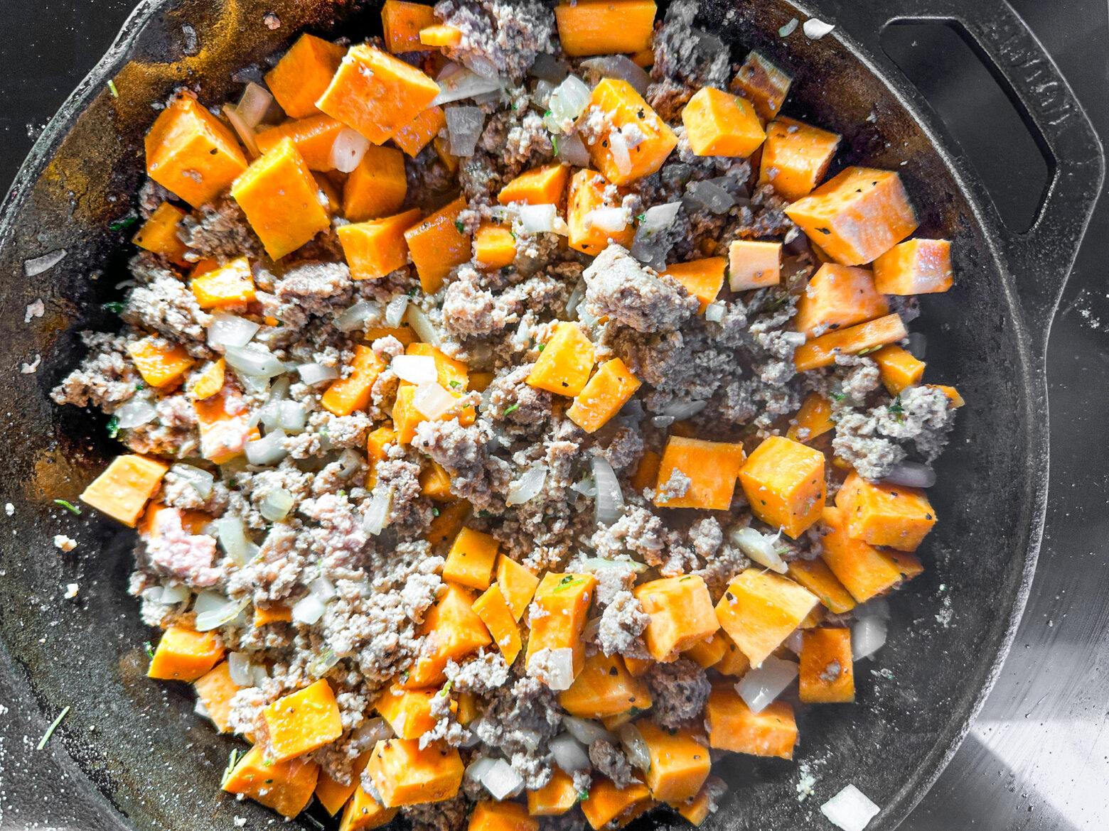 Ground turkey and butternut squash cooking.