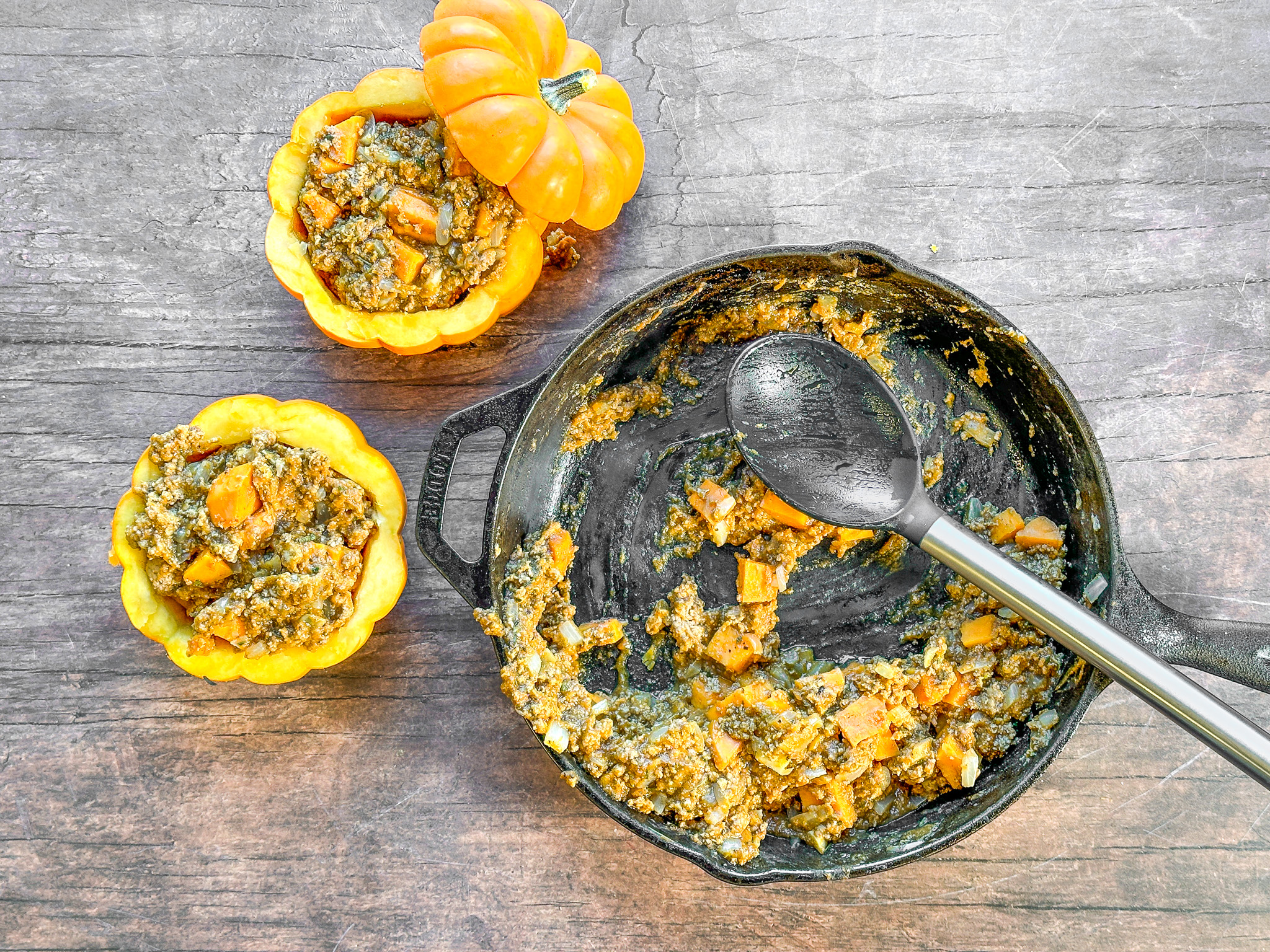 Pumpkin power bowls being stuffed. 