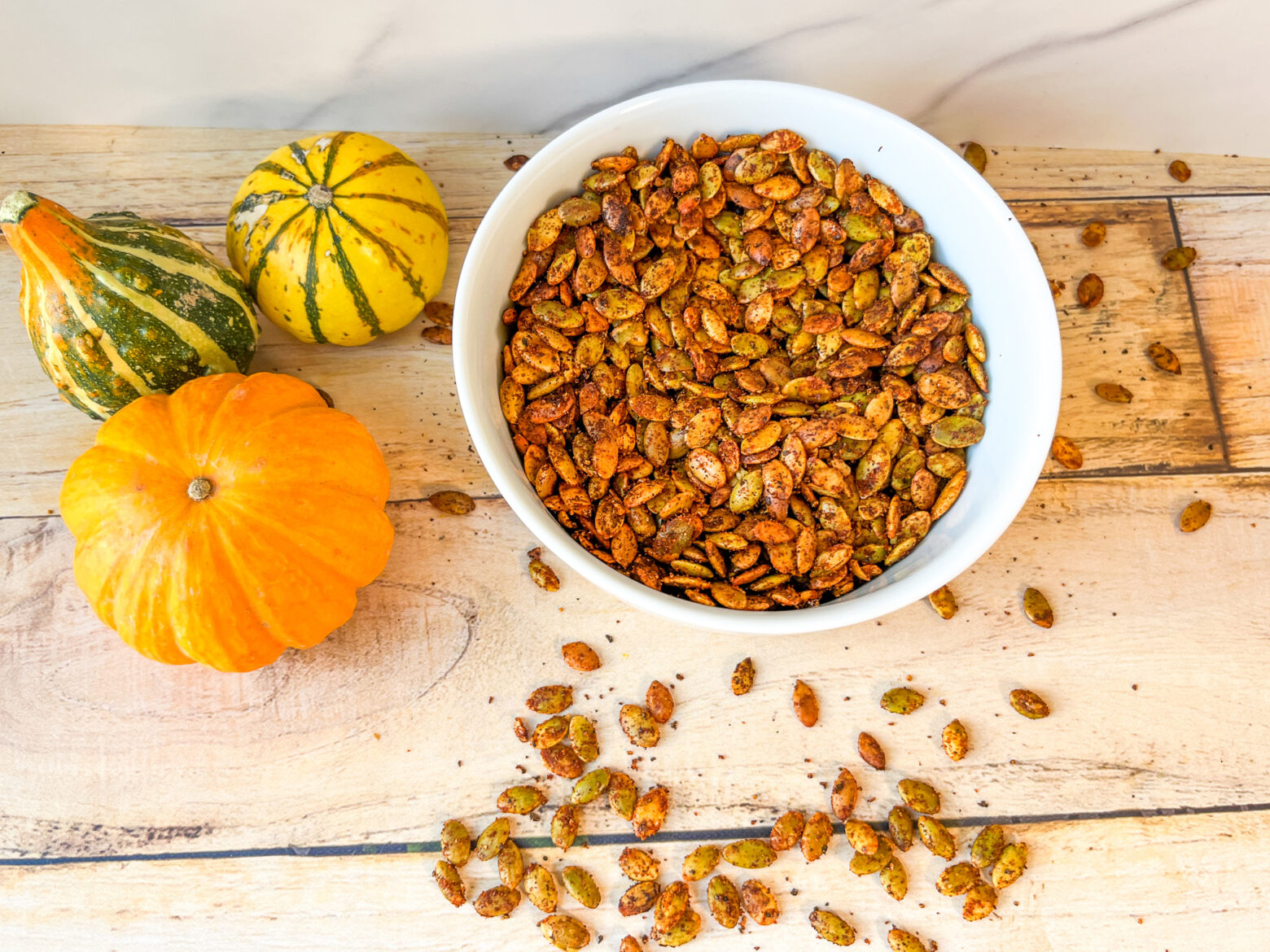 Spiced pumpkin seeds in a bowl.