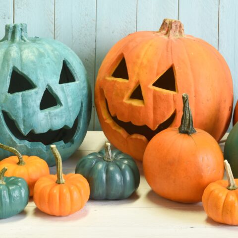 Teal pumpkins and jack-o-lanterns mixed with normal orange pumpkins and jack-o-lanterns