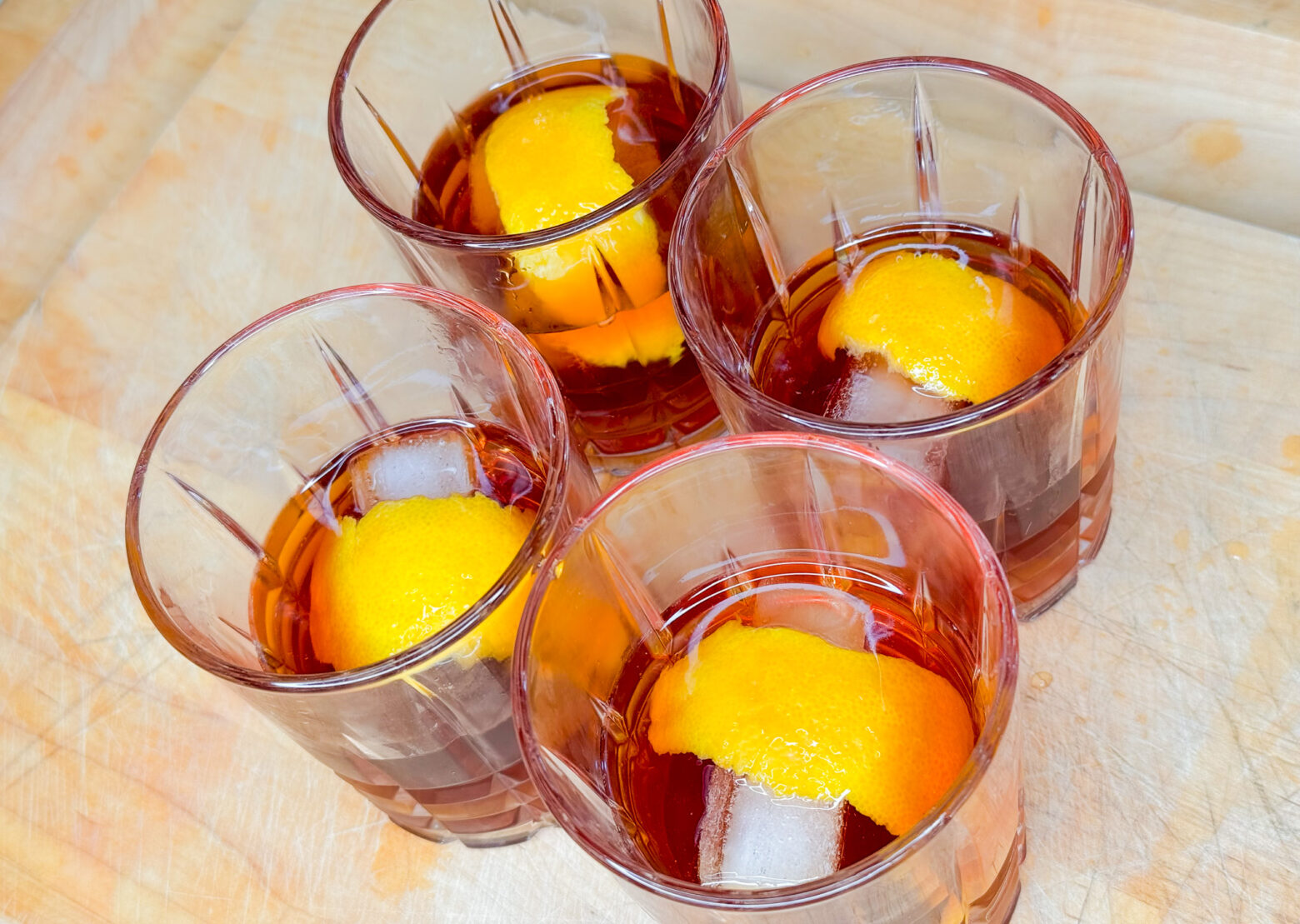 Old-Fashioned mocktail four glasses finished.