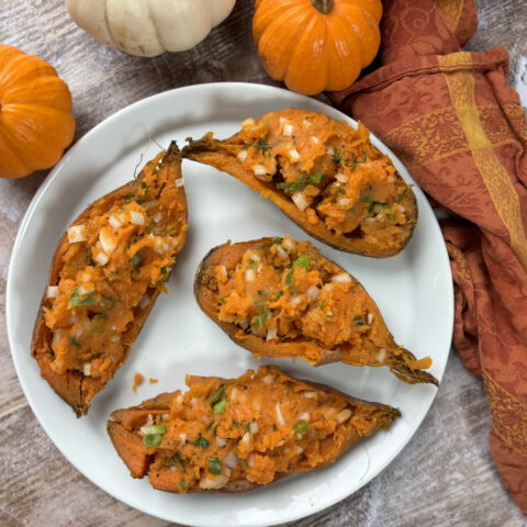 Baked sweet potatoes plated.