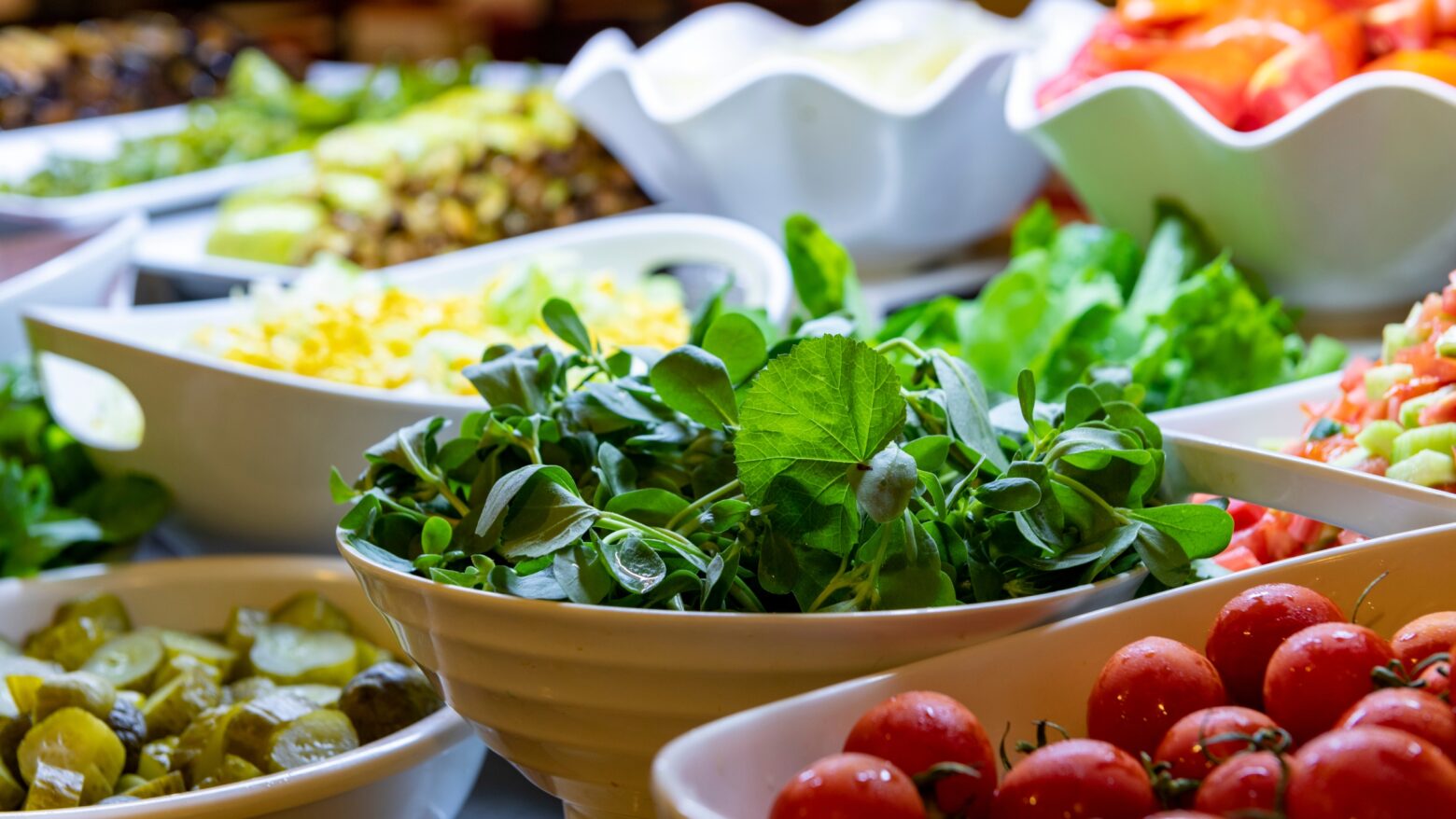 Close-up of an example of a salad base with other ingredients in separate dishes