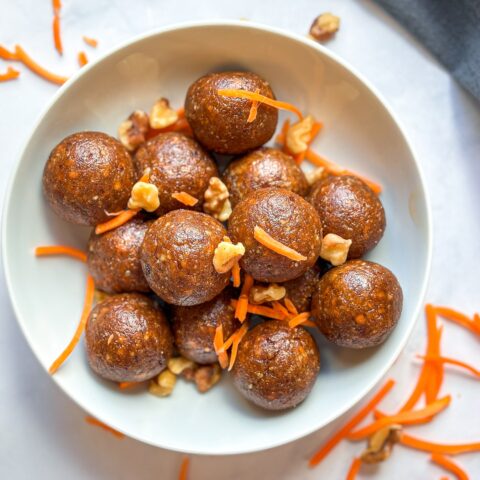 No-Bake Carrot Cake Energy Balls in a bowl, finished.