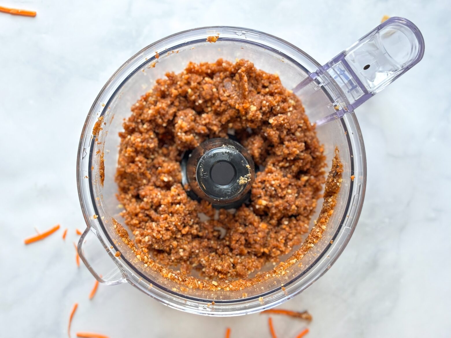 No-bake carrot cake energy balls in the food processor, finished.