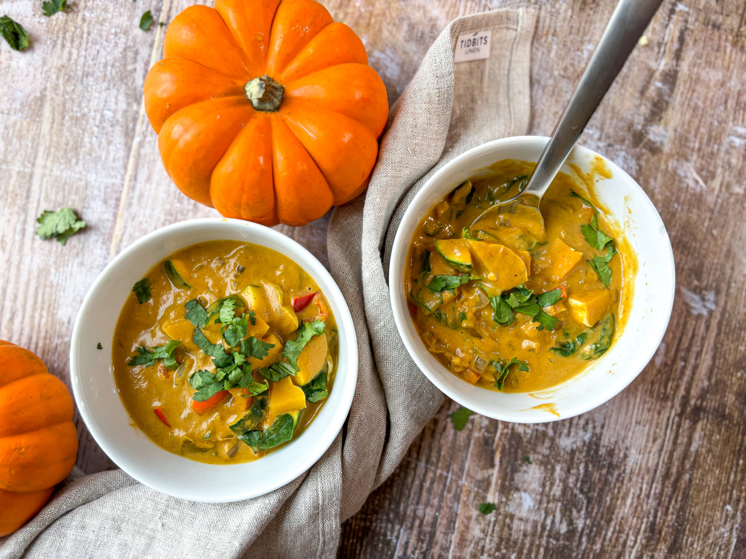 Pumpkin curry finished in bowls.