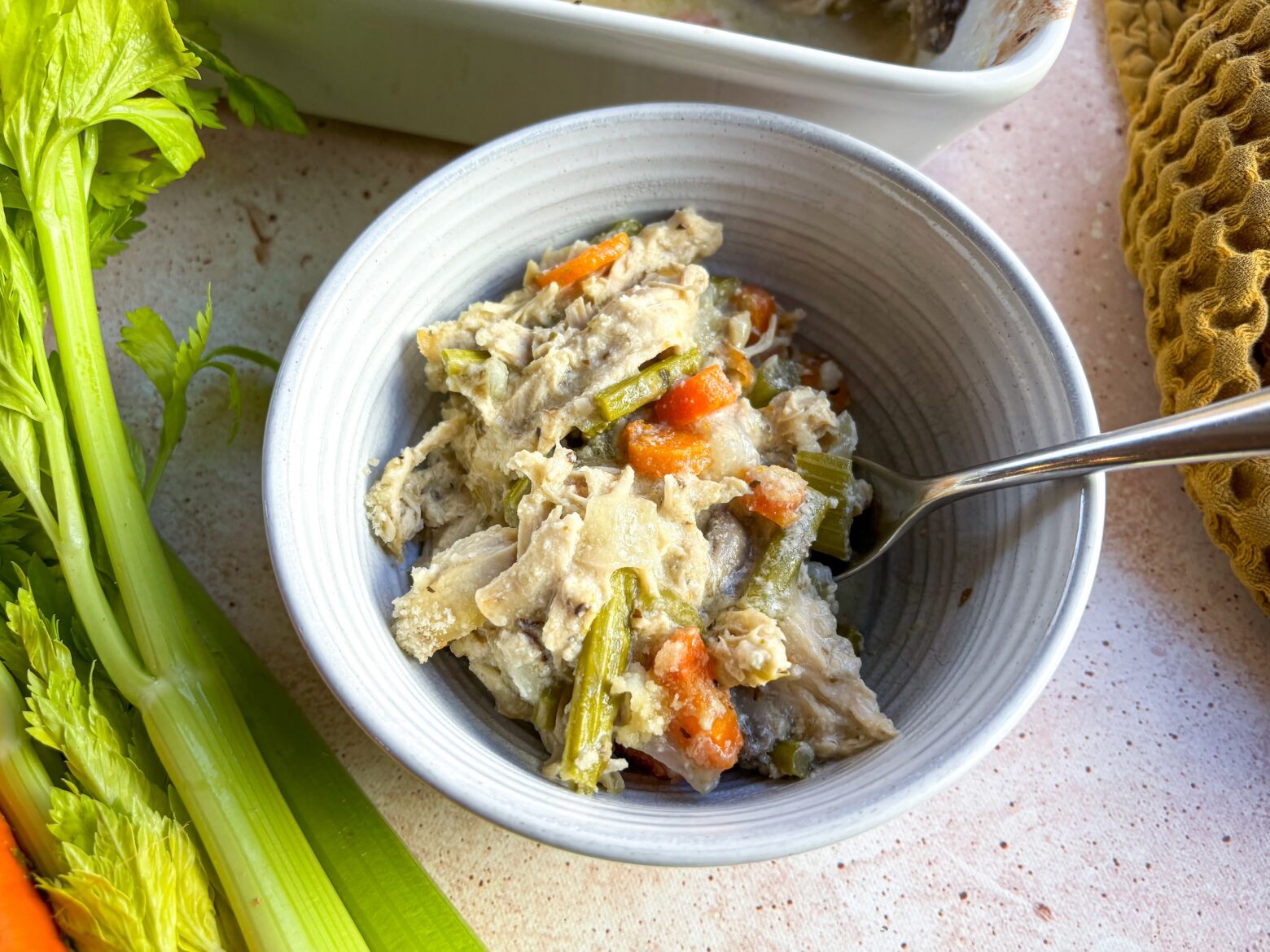 Chicken Pot Pie Casserole finished in a bowl.