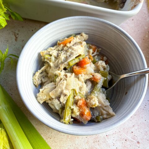 Chicken Pot Pie Casserole finished in a bowl.