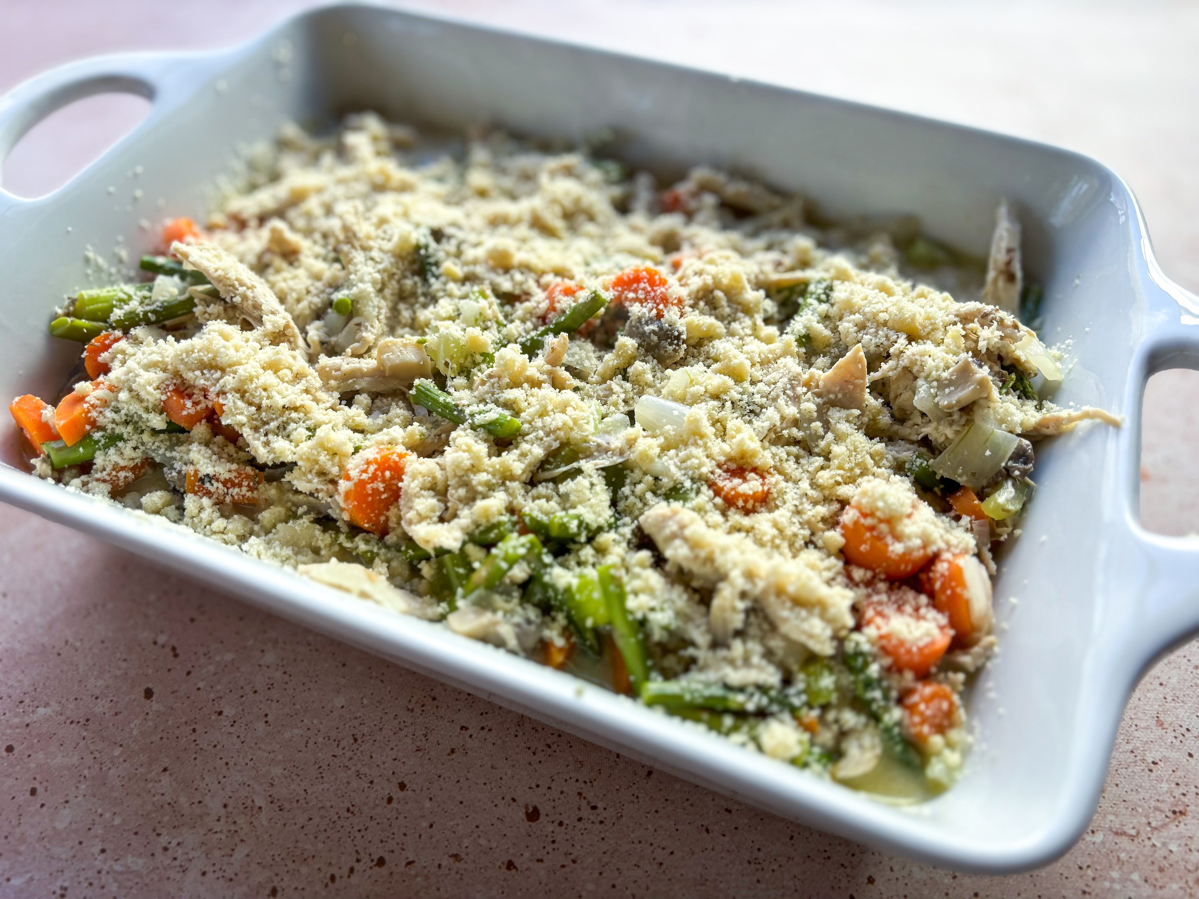 Chicken Pot Pie Casserole finished, in a pan.