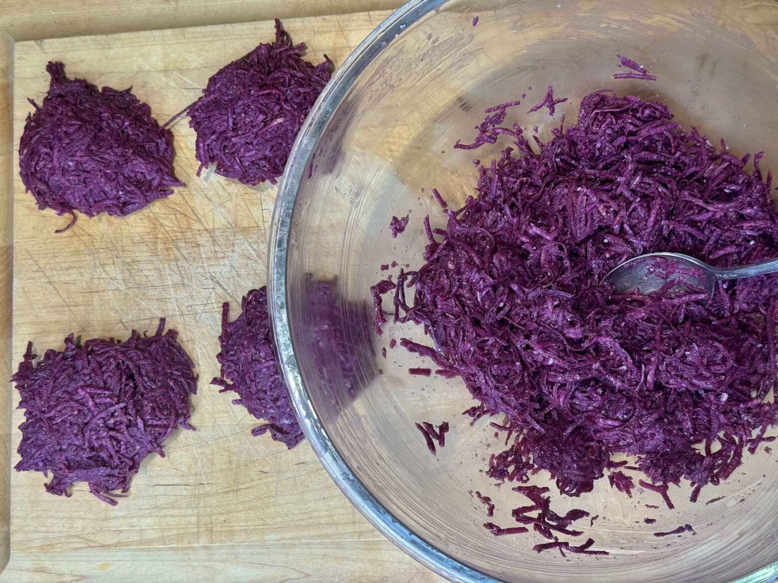 Okinawa latkes being prepped for cooking.