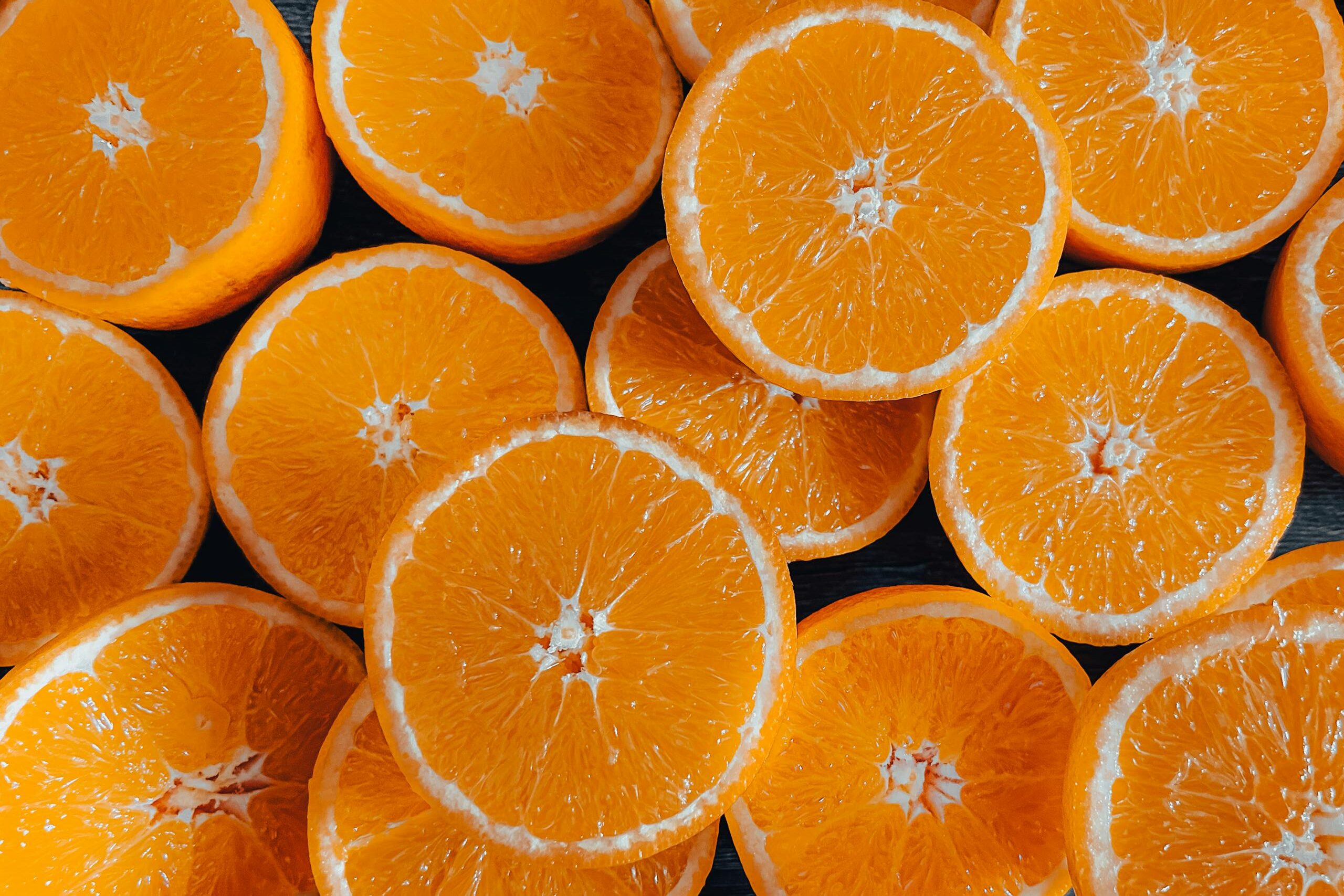 Bright and vibrant slices of fresh oranges.