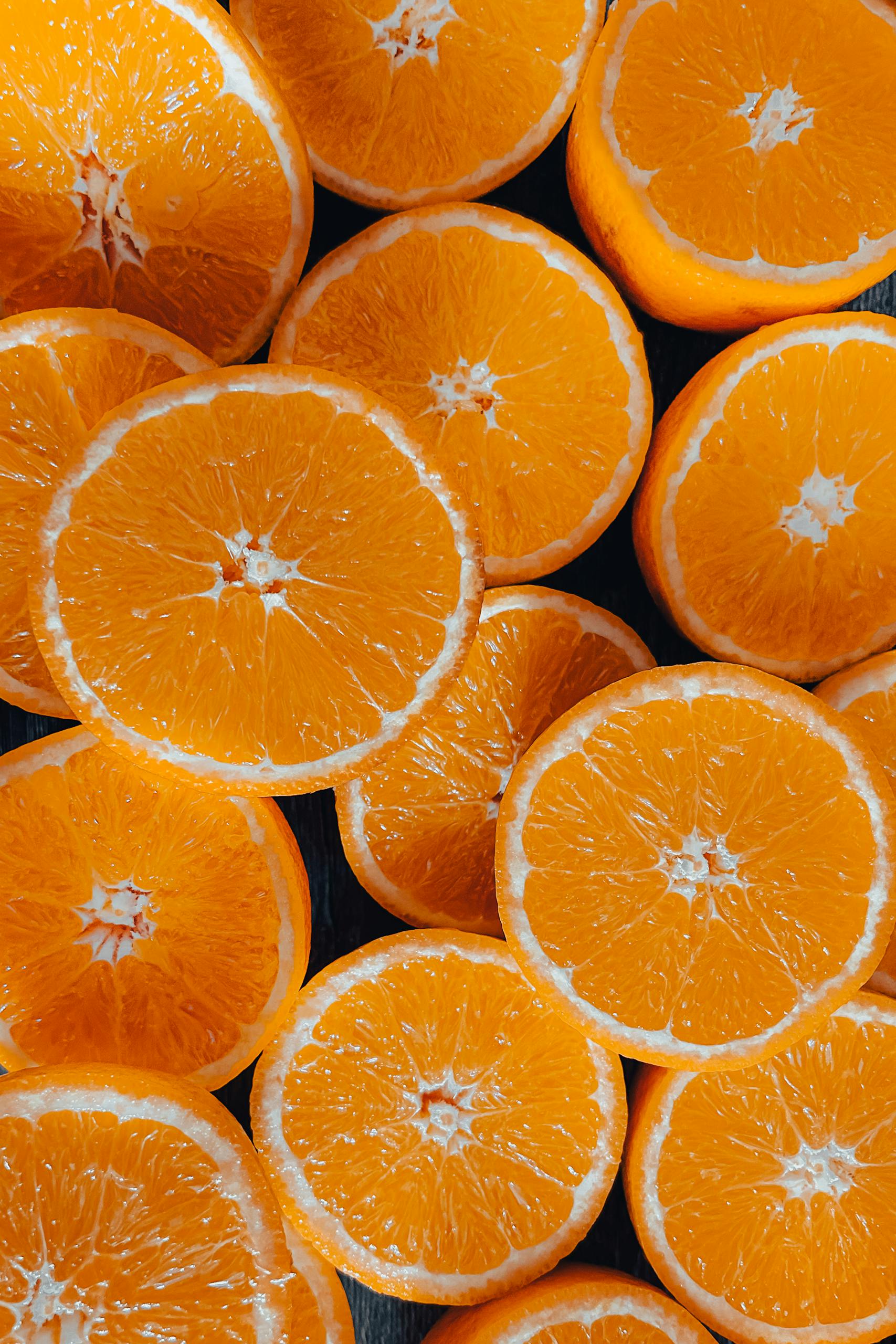 Bright and vibrant slices of fresh oranges.