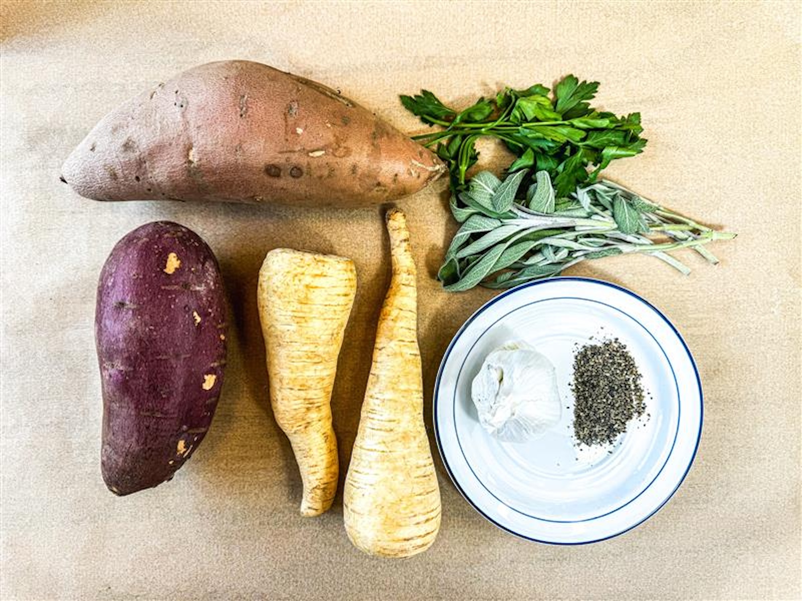 Sweet potatoes pommes anna ingredients. 