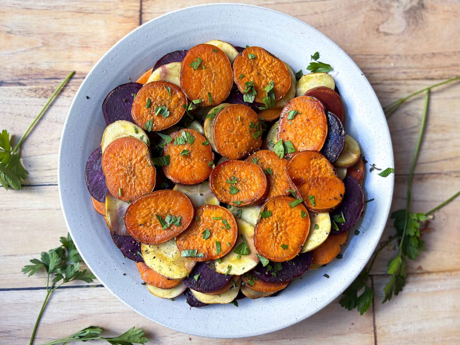Finished Sweet Potato Pommes Anna on a plate.