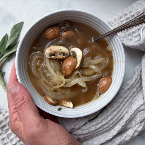 The finished French Onion Soup in a bowl