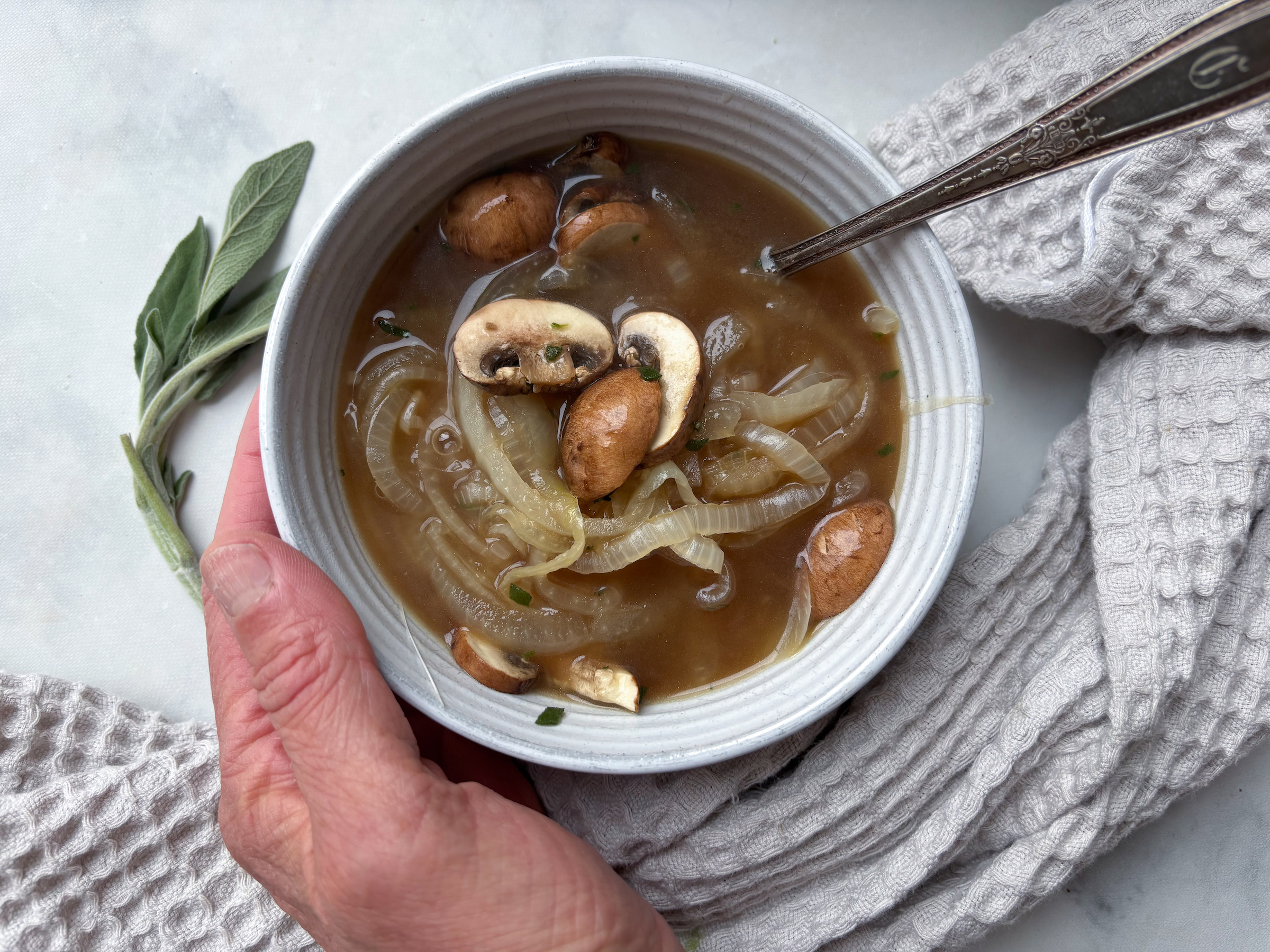 The finished French Onion Soup in a bowl