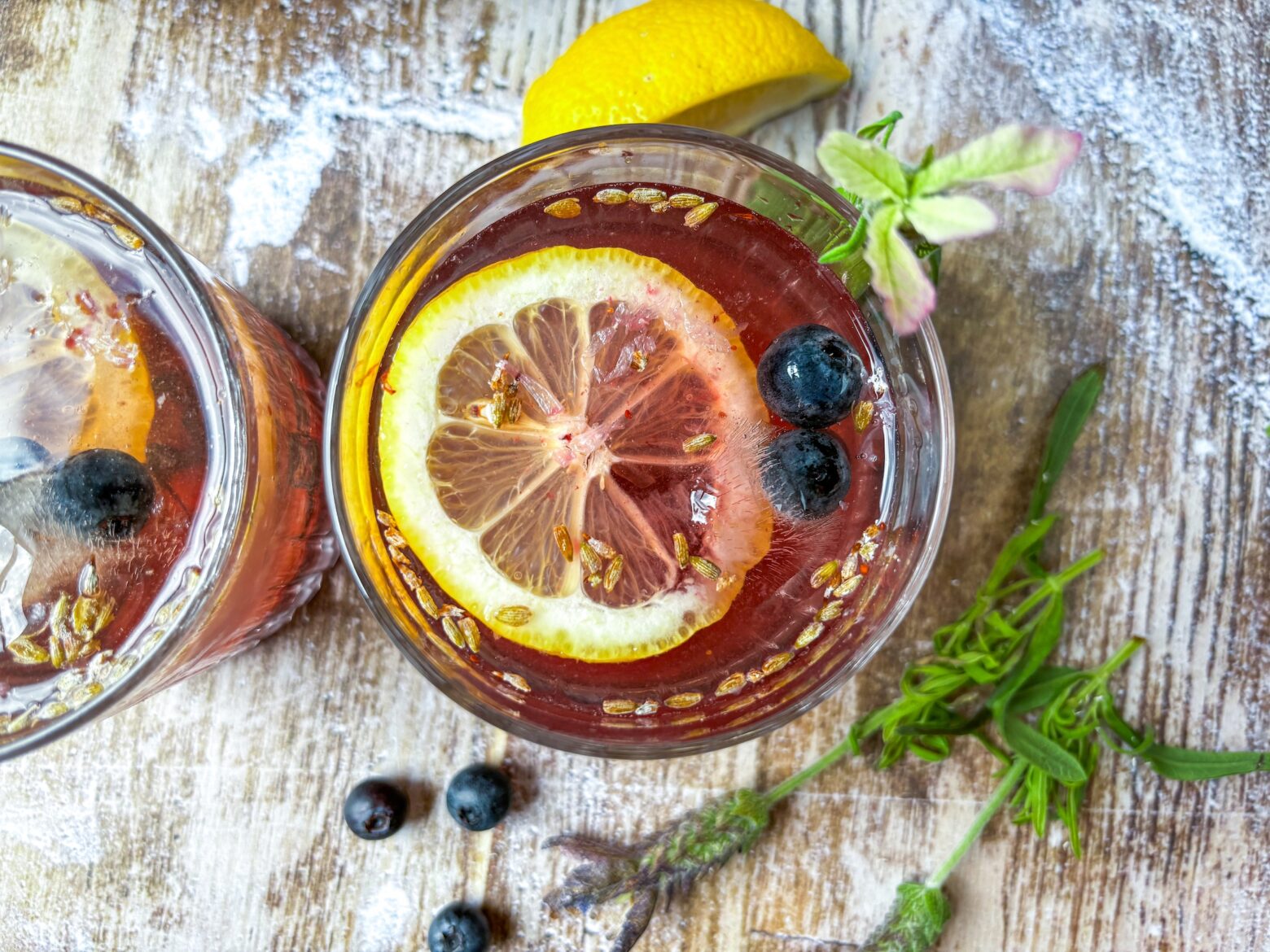 Blueberry-lavender mocktail finished from a Birdseye view.