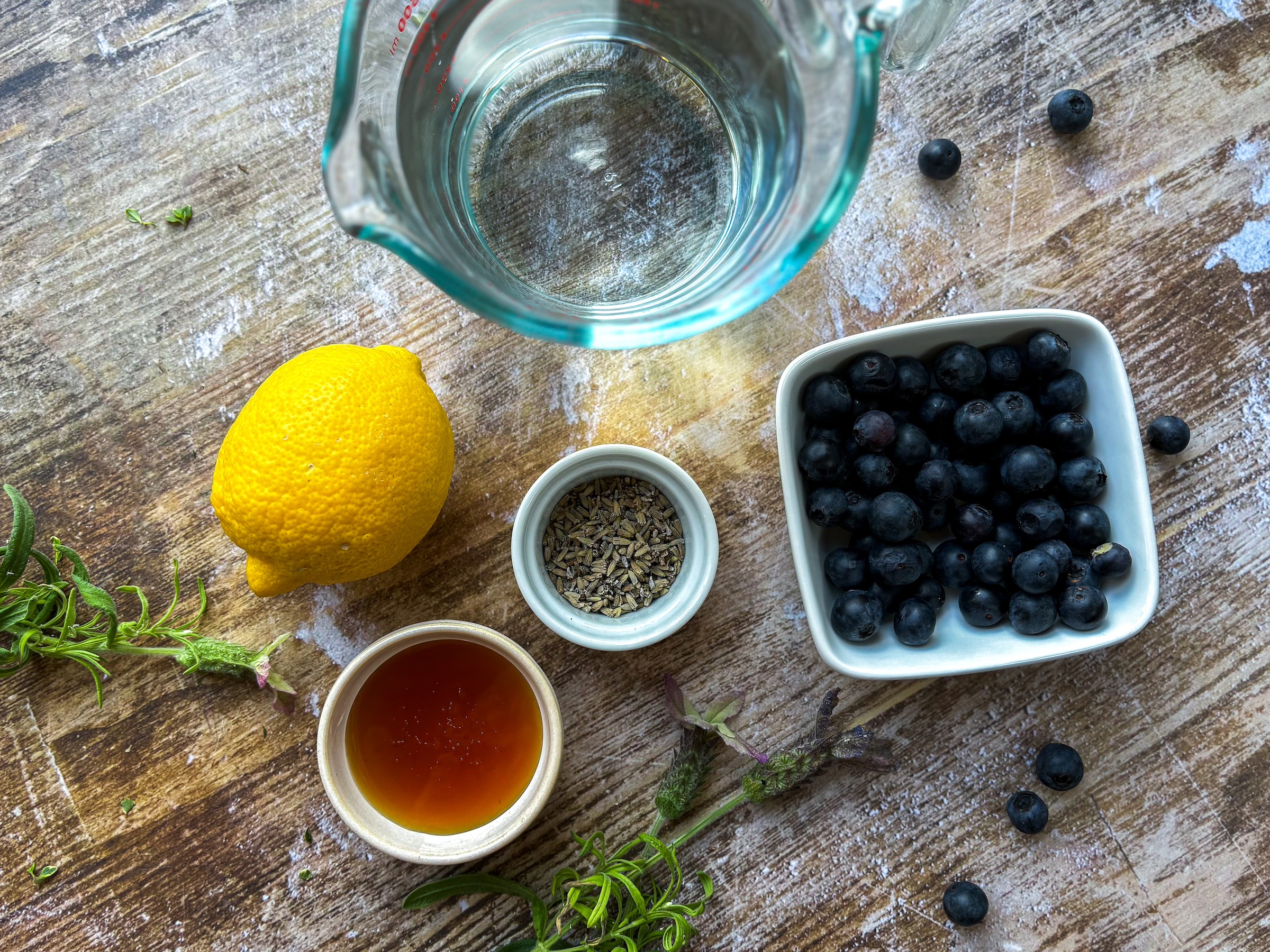 Blueberry-lavender mocktail ingredients. 